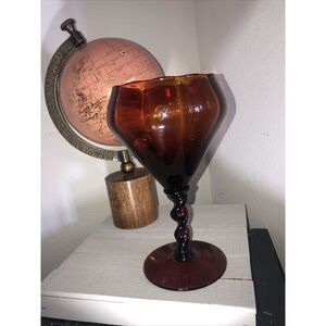 Vintage Empoli Italian Art Glass Amber Optic Twisted Stem Large Goblet  11”x5”